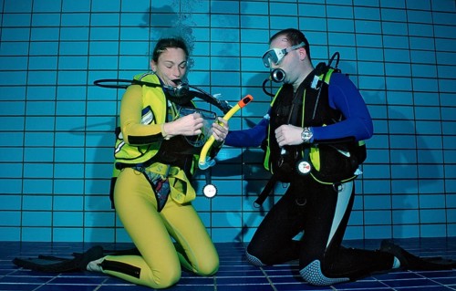 Diving training in the swimming pool, Mask blowing, Germany, Munich, Olympiabad, Europe