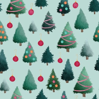 Green Christmas trees with red baubles watercolour painting seamless pattern design illustration on