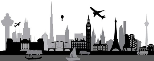 World skyline with architecture from around the globe as the big ben in london, the opera house