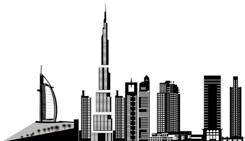 Illustration of the dubai city skyline with landmarks as the burj al arab hotel and the burj