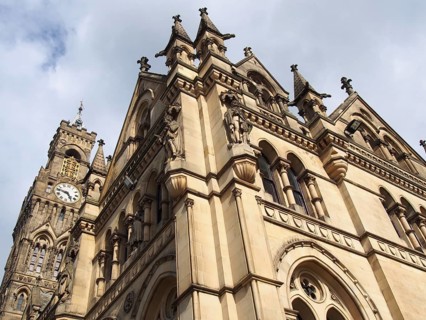 Close up view of bradford city hall in west yorkshire a victorian gothic revival sandstone building