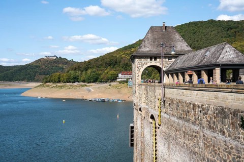 Dam of Lake Edersee at low tide, Hesse, Germany, Europe