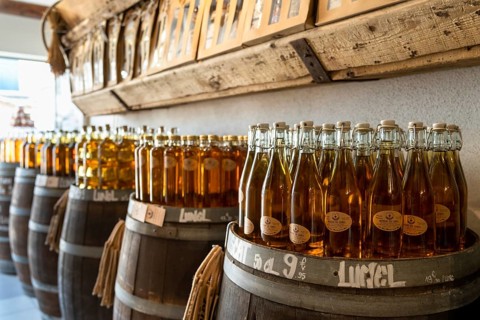 Saintes-Maries-de-la-Mer, France, 4 March, 2023: close-up view of many bottles of Muscatel wine