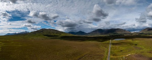 Drone panorama landscape of Connemara National Park and the Twelve Bens mountains in western