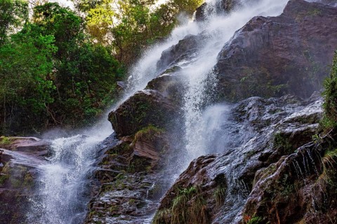Water splashing through the rocks and forest forming a beautiful waterfall in Minas Gerais, Brazil,