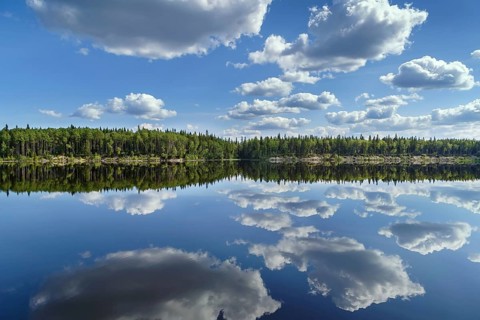 Landscape with a symmetrical reflection on the Vyg river (part of the White Sea-Baltic Canal),