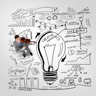 Top view of businessman playing violin and looking at plan sketches on floor