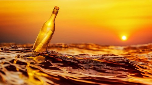 Message in a bottle sunset background 3D illustration