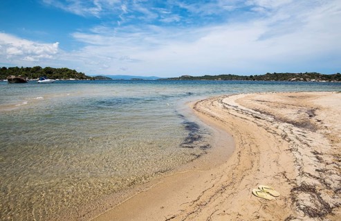 Idyllic tropical beach with gold sand and deep blue calm waters at Halkidiki, Greece. Concept of