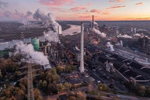 Metallurgical Plant in North Rhine-Westphalia at dawn. In addition to a steel mill, it operates a