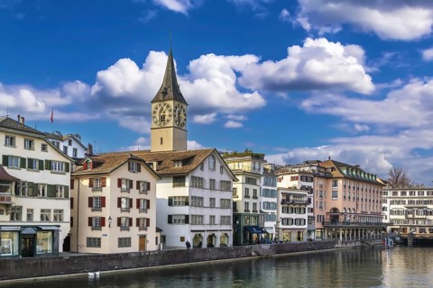 Embankment of Limmat river in Zurich historical center, Switzerland, Europe