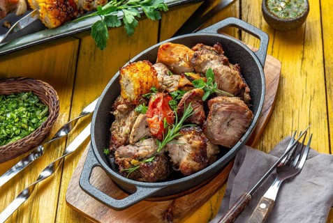 Food, Food, Bbq grilled meat, pork, chicken and vegetable on cast iron pan. Grilled skewers on