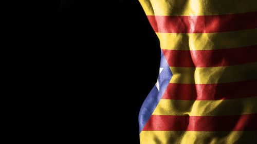 Catalonia flag on abs muscles, national sport workout, bodybuilding concept, black background