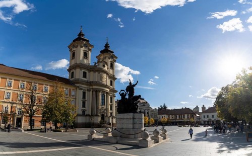 Eger, Hungary, 2 October, 2022: panorama view of the Dobo Istvan Square in Eger with the Antony of