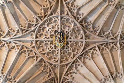 St Davids, United Kingdom, 28 August, 2022: close-up view of the woodwork ceiling and cathedral