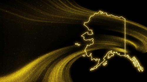 Map of Alaska, Gold glitter map on dark background