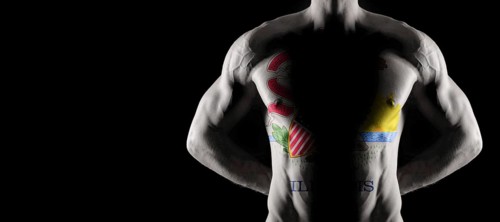 Illinois flag on muscled male torso with abs, Illinois bodybuilding concept, black background