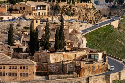 Toledo, Spain, February 19, 2023: Mozarabic Church of San Lucas in Toledo. Telephoto lens view,