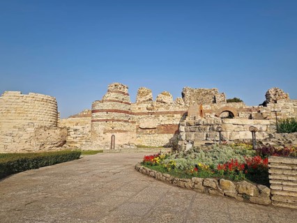 Ancient ruins of Nessebar, weathered brick and stone walls remnants of Byzantine fortress structure