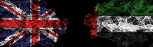 Flags of Union Jack and UAE on Black background, Union Jack vs United Arab Emirates Smoke Flags