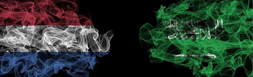 Flags of Netherlands and Saudi Arabia on Black background, Netherlands vs Saudi Arabia Smoke Flags