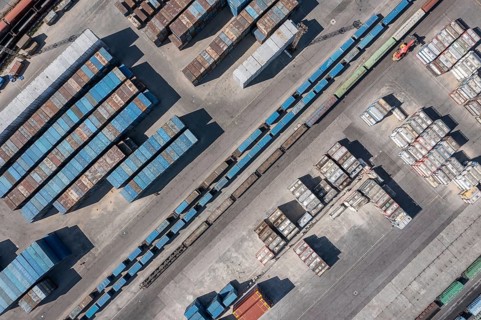 Aerial top view of cargo container terminal with railway, business transportation logistic in trade