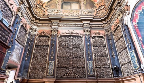 Milan, Italy, Circa August 2020. Ossuary Chapel in San Bernardino alle Ossa Church. Every