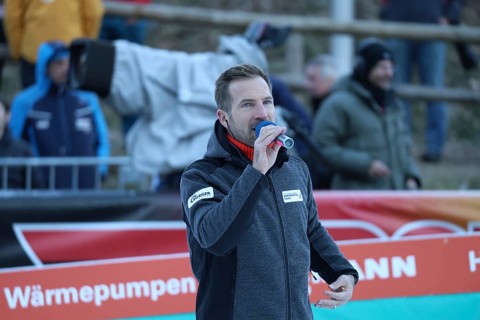 Stadium presenter Stefan Mayer at the FIS Nordic Combined World Cup Schonach 2024