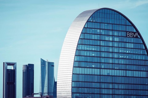 Madrid, Spain, June 19, 2021: City BBVA. Headquarters of BBVA bank in Las Tablas district. La Vela