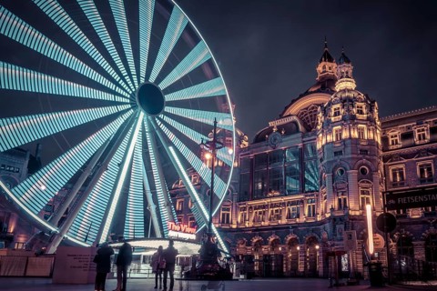 Antwerp, Belgium, March 21st 2024: The View ferris wheel on NMBS Central Railwaystation on Queen