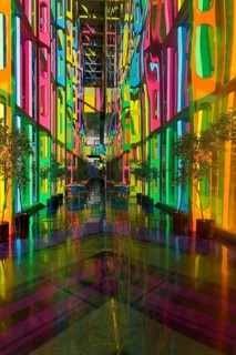 Colourful window reflections in the convention centre, Montreal, Province of Quebec, Canada, North