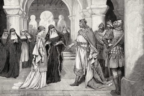 Henry the Fowler making a marriage proposal to Saint Matilda at Herford Abbey, 9th century