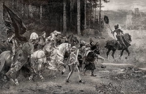 Wedding procession on horseback
