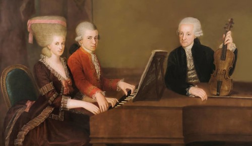 Wolfgang Amadeus Mozart with his sister Maria Anna Nannerl and father Leopold, on the wall a