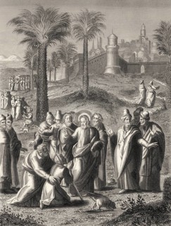 Healing a blind man near Jericho, New Testament, steel engraving 1853, digitally restored