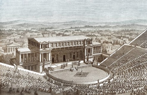 Reconstruction of the Theatre of Dionysus in ancient Athens, Greece, Europe