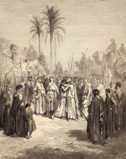 Meeting of Jacob and Esau, woodcut by Gustave Doré