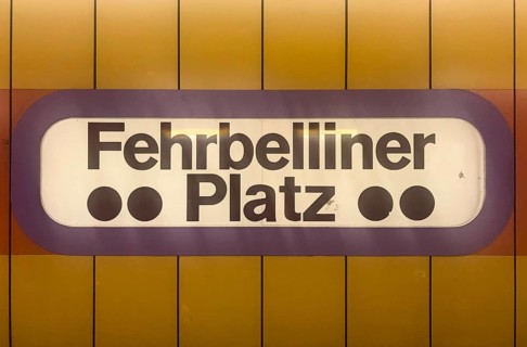 Beuatiful 1970s station sign at the subway station Fehrbelliner Platz in Berlin, Germany, Europe