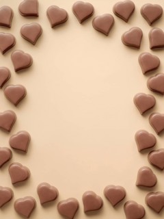 Frame of romantic chocolate confections in heart shapes on pastel yellow background. Canvas with