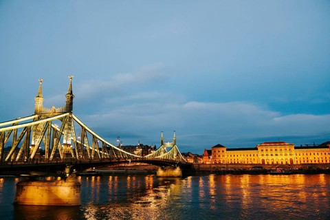 Panorama of the Freedom Bridge and the ensemble of buildings on the shore at night. Side view.