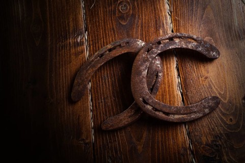 Equestrian background. Lucky old horseshoes laying at wooden background