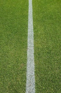 White line on the grass at soccer playing field in Lubin, Poland, Europe