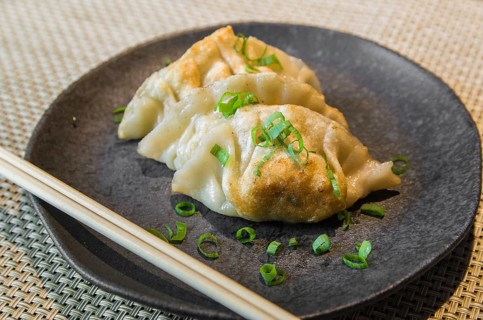 Beautiful gyoza or dumplings snack with soy sauce, selective focus, copy space