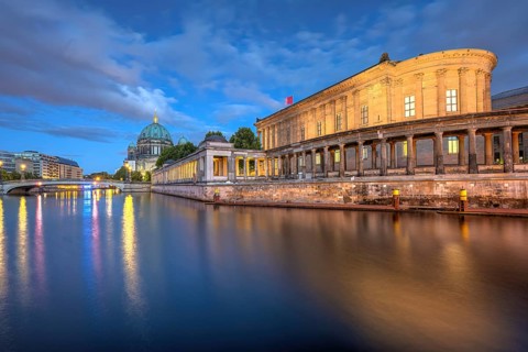 Museum Island in Berlin at dusk with the cathedral and the Old National Gallery