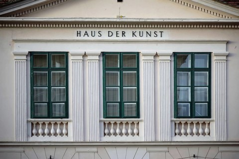 Baden bei Wien, Austria - November 14, 2015: Three windows with columns and the inscription Haus