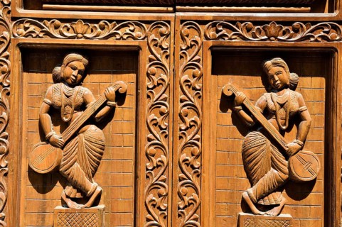 Wooden women musicians relief, Surat, Gujarat, India, Asia