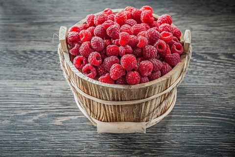 Raspberries in bucket on wooden board