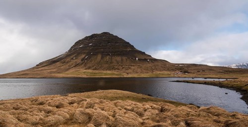 Dramatic Icelandic landscaspe with Kirkjufell mountain, at Grundarfjordur, on the Snaefellsnes