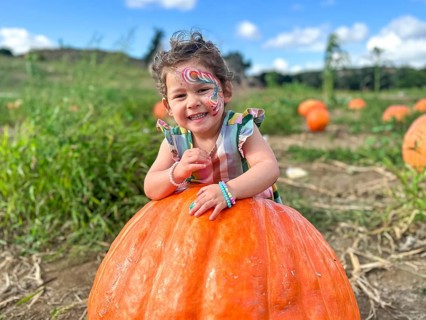 Little girl picking pumpkins on Halloween pumpkin patch. Child playing in field of squash,