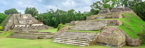Belize, Central America, Altun Ha Temple. Web banner in panoramic view, Central America
